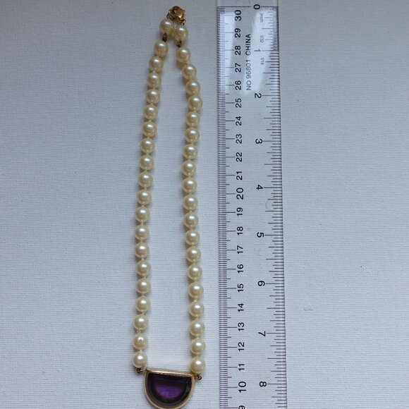 Vintage Faux Pearl Necklace with Purple Stone Accent - Picture 7 of 7